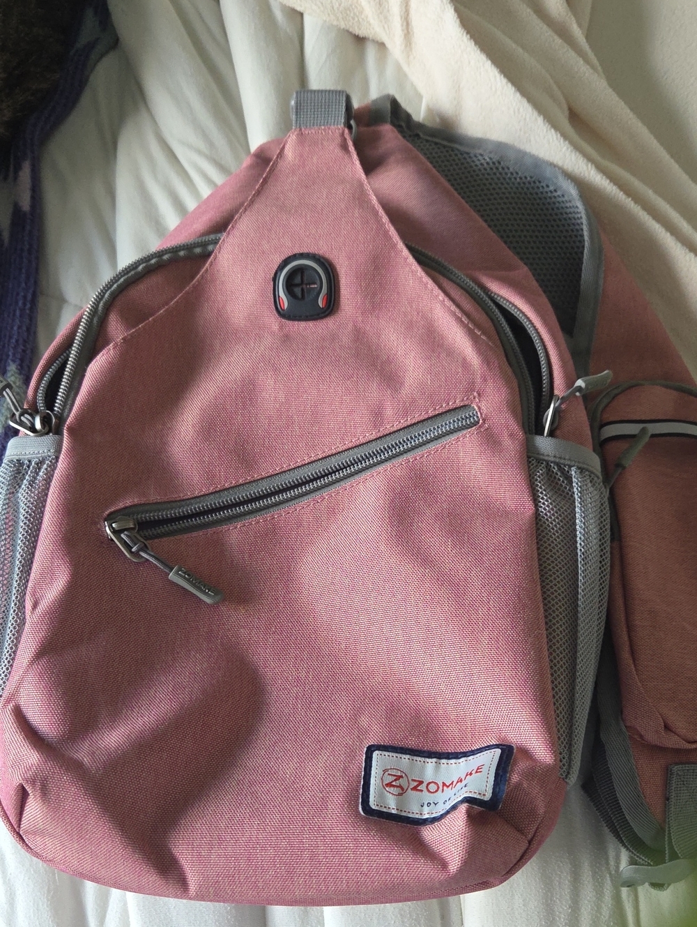 Zomake Dusty Rose Sling Backpack with Gray Accents